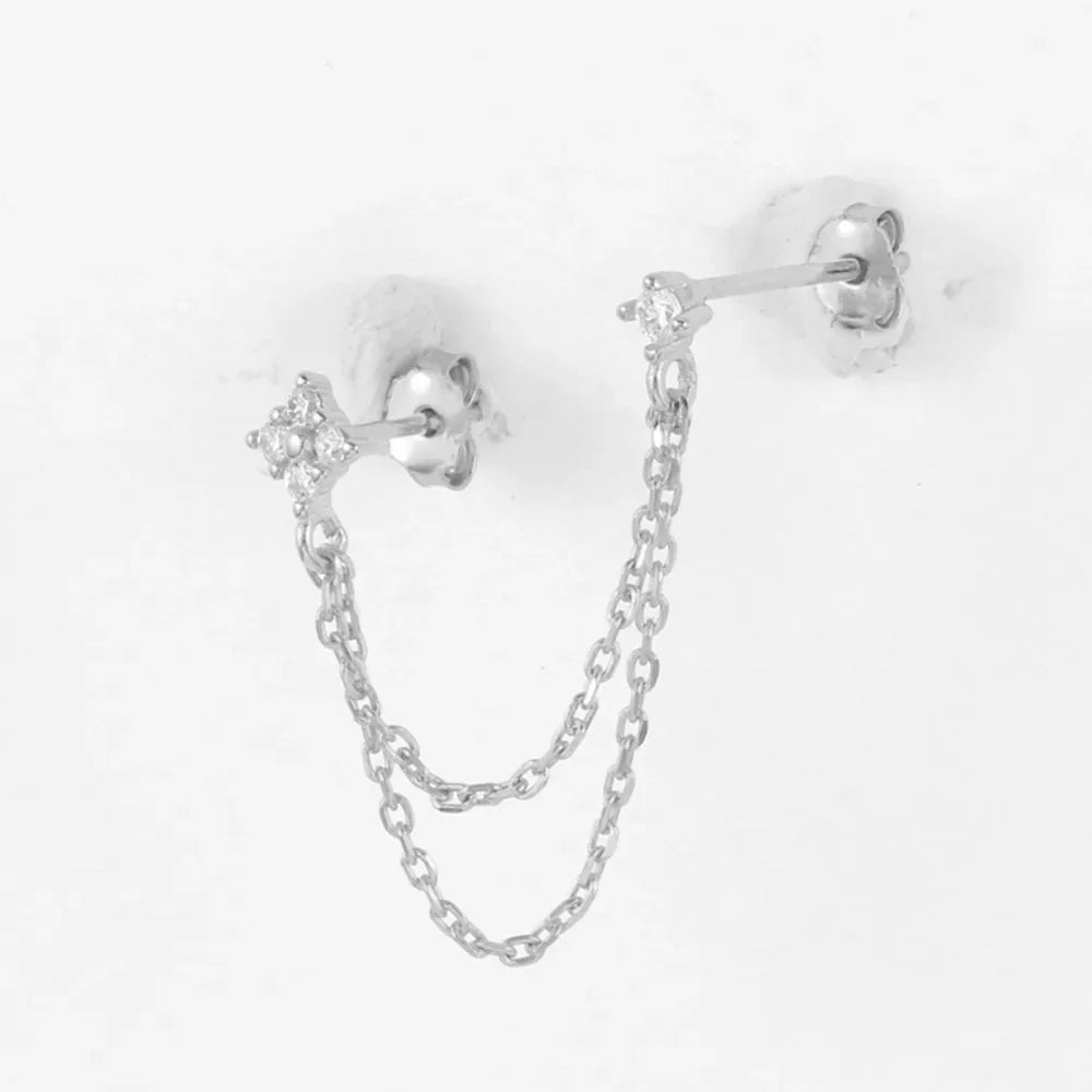 New Arrival Double Ear Studs Tassel Chains Hanging Earrings for Women Ear Piercing 3 Metal Color Luxury CZ Hot Jewelry