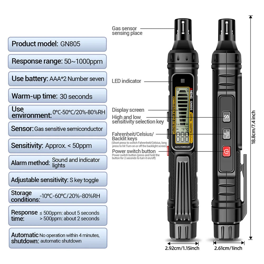 Combustible Gas Detector with Audible and Visual Alarm Natural Gas Leak Detector 50~10000PPM Methane LCD Backlit for Home and RV