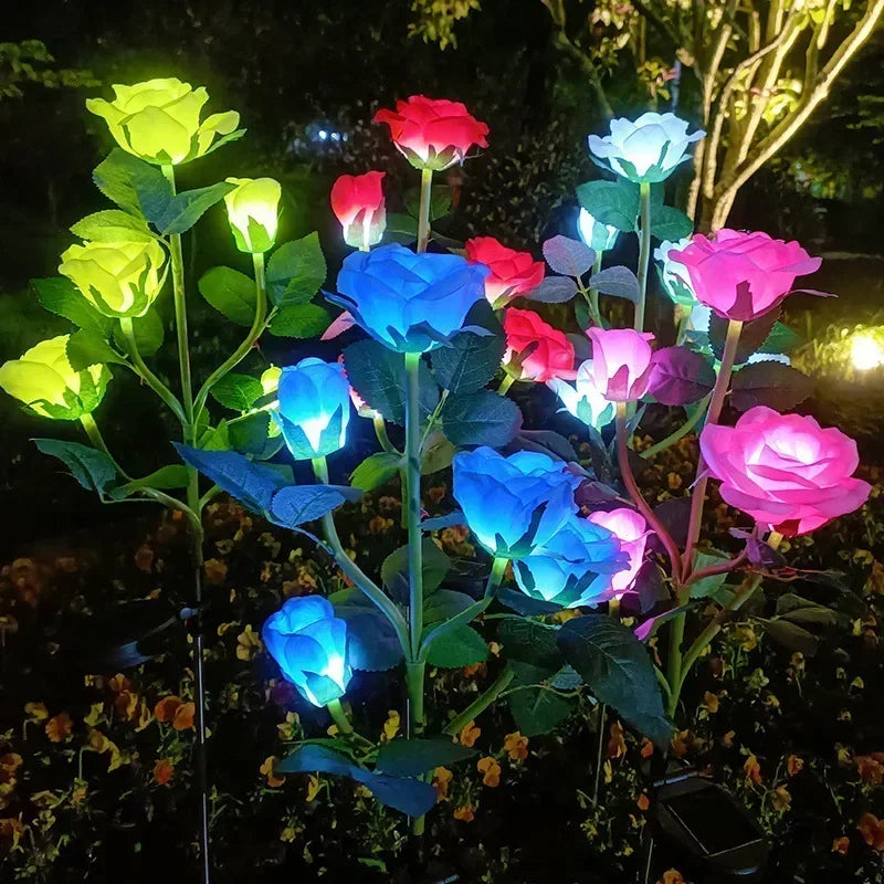 Garden Ground Light Solar Lawn Lamp LED Artificial 5 Head Rose Flower Holiday Summer Wedding Party Outdoor Yard Patio Decoration