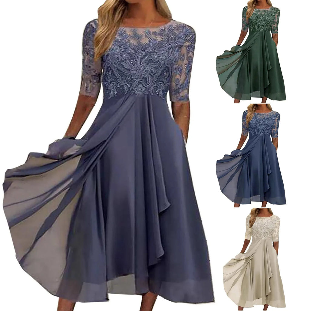 Elegant Formal Party Dress Embroidery Chiffon Round Collar Short Sleeve Luxury Dress Bridesmaid Evening Dresses Vestidos платье