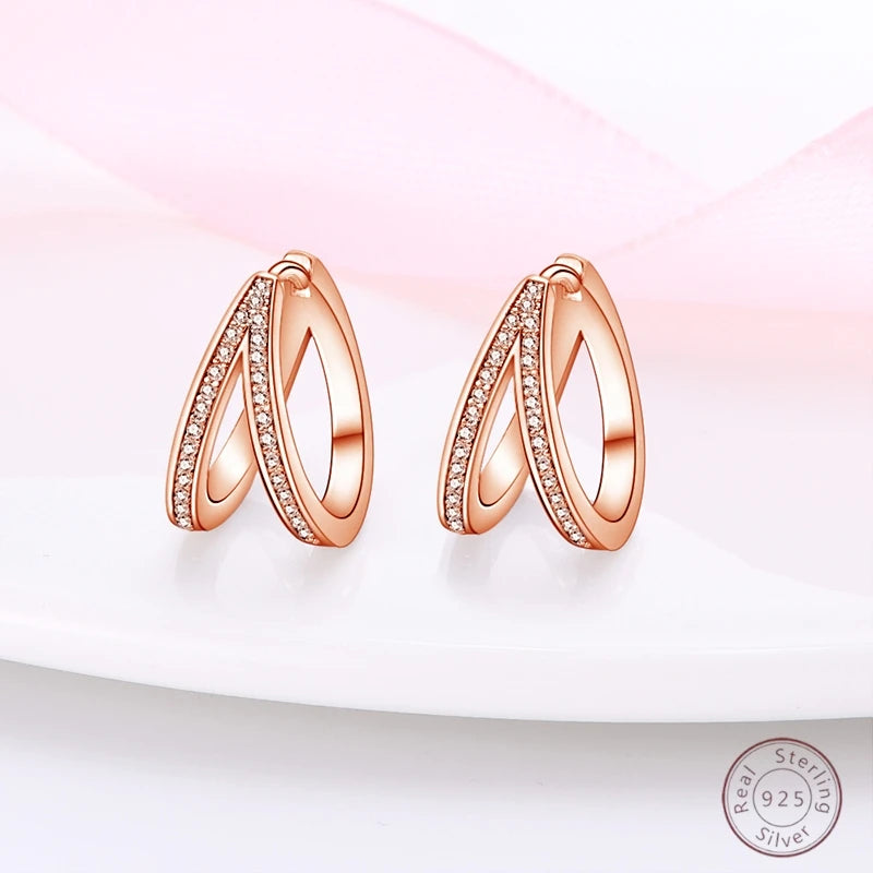 925 Sterling Silver Earrings Simple Twisted Round Rose Hoop Fashionable Zircon Ear Buckle Wedding Ladies Jewelry Gift