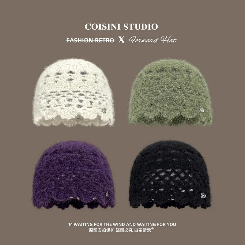 New Simple Solid Color Crocheted Beanies for Women Spring and Autumn Travel Versatile Atmosphere Retro Elegant Pullover Hats