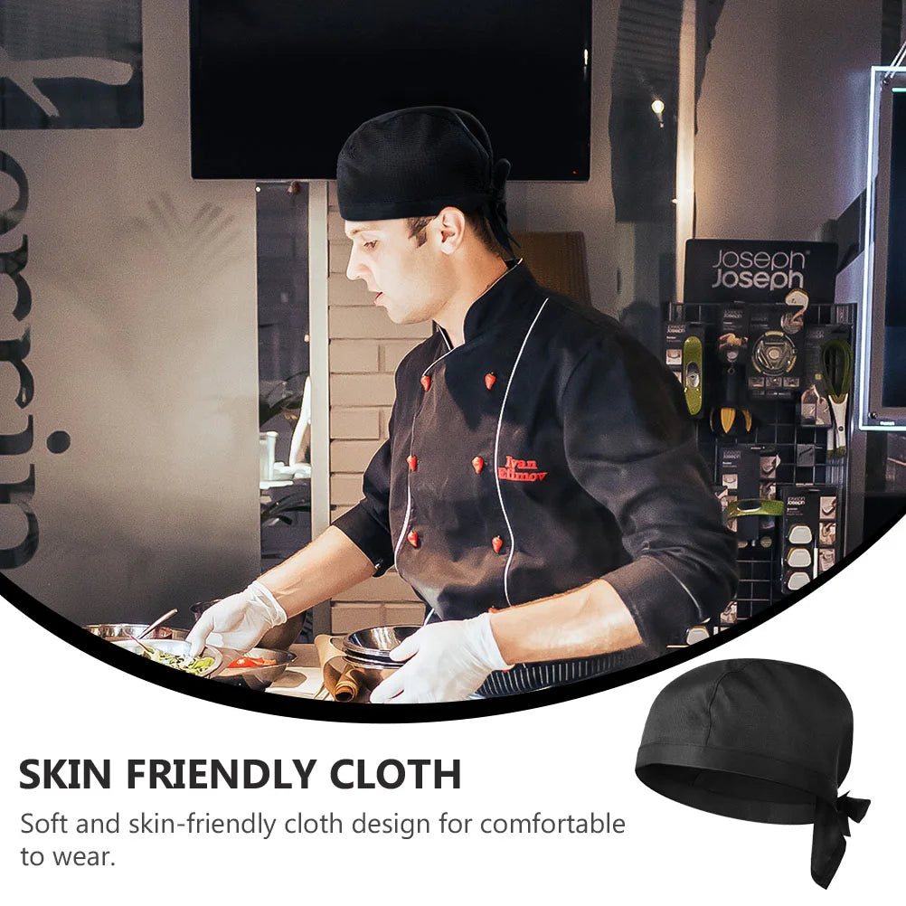 Chef Hat Turban Unisex Hats Black Caps Tie Work Kitchen for Men Cooking Head Wraps Skull Catering