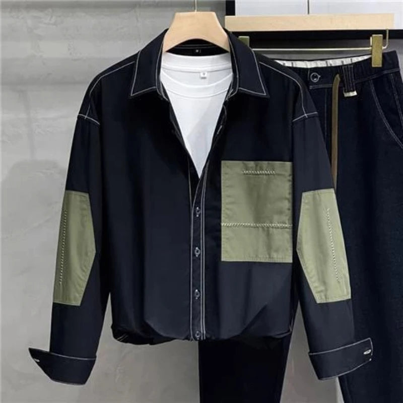 Men's Long Sleeve Shirt Business Casual Loose Patchwork Color Block Unique Design Spring Autumn Tops