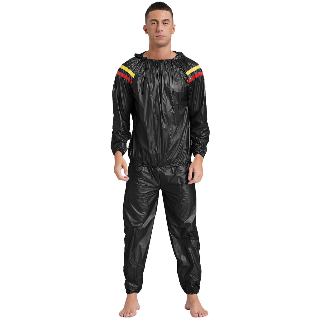 Mens Sports Outfits Sauna Sweat Sets Long Sleeve Hooded Jacket Outerwear and Long Pants PVC Sweating Suit for Gym Workout Yoga