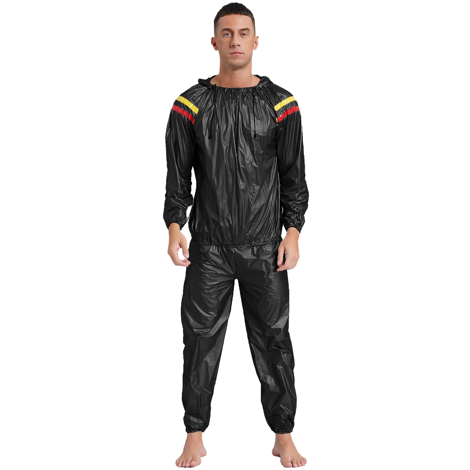Mens Sports Outfits Sauna Sweat Sets Long Sleeve Hooded Jacket Outerwear and Long Pants PVC Sweating Suit for Gym Workout Yoga