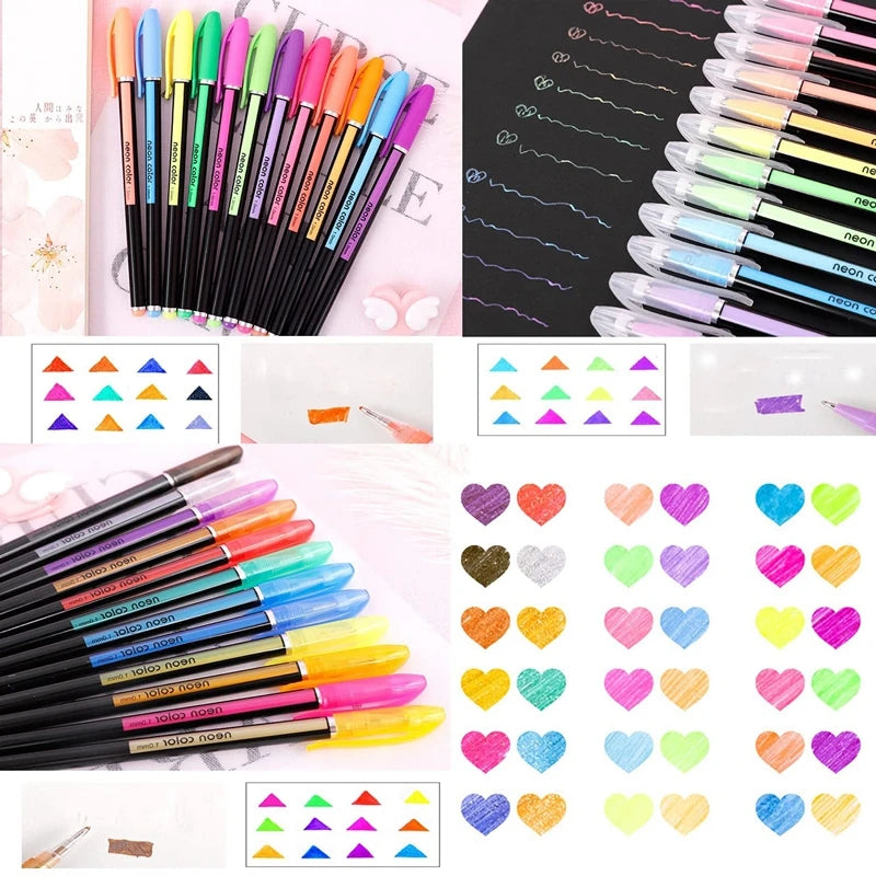 12/24Pcs Metallic Glitter Colors Gel Pens & Pen Refills For School Office Adult Coloring Book Journals Drawing Art Markers