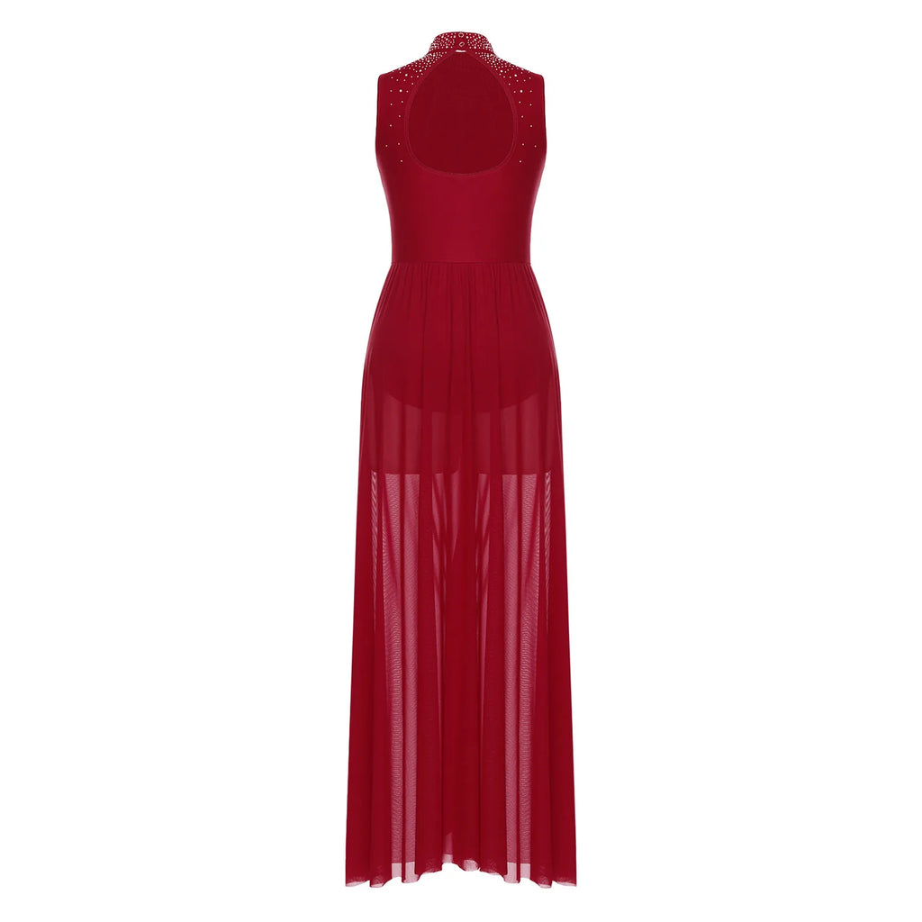 Womens Lyrical Dance Dresses Mock Neck Wide Hemline Shiny Rhinestones Maxi Dress Sleeveless Modern Contemporary Leotard Dresses