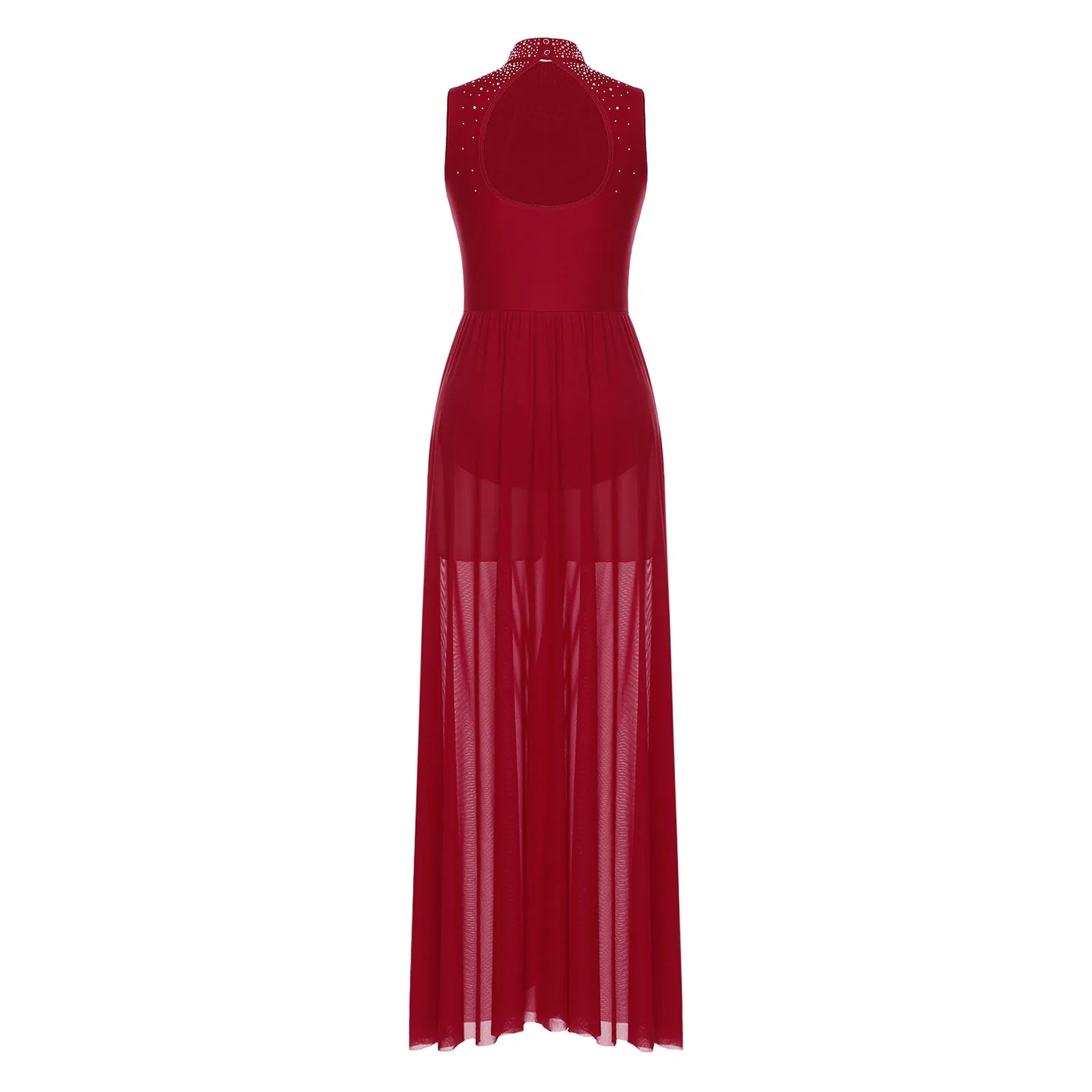Womens Lyrical Dance Dresses Mock Neck Wide Hemline Shiny Rhinestones Maxi Dress Sleeveless Modern Contemporary Leotard Dresses