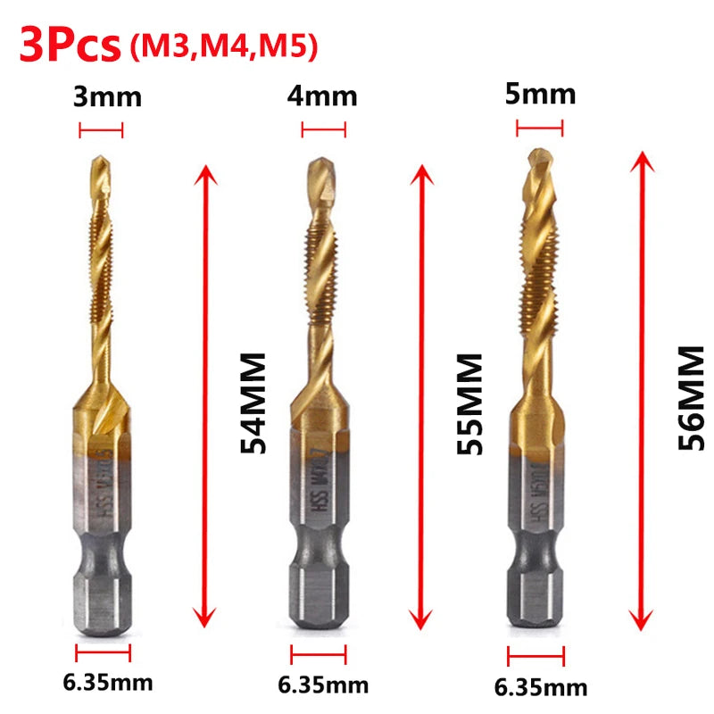 Hex Shank Titanium Plated HSS Screw Thread Metric Tap Drill Bits Screw Machine Compound Tap M3 M4 M5 M6 M8 M10 Hand Tools