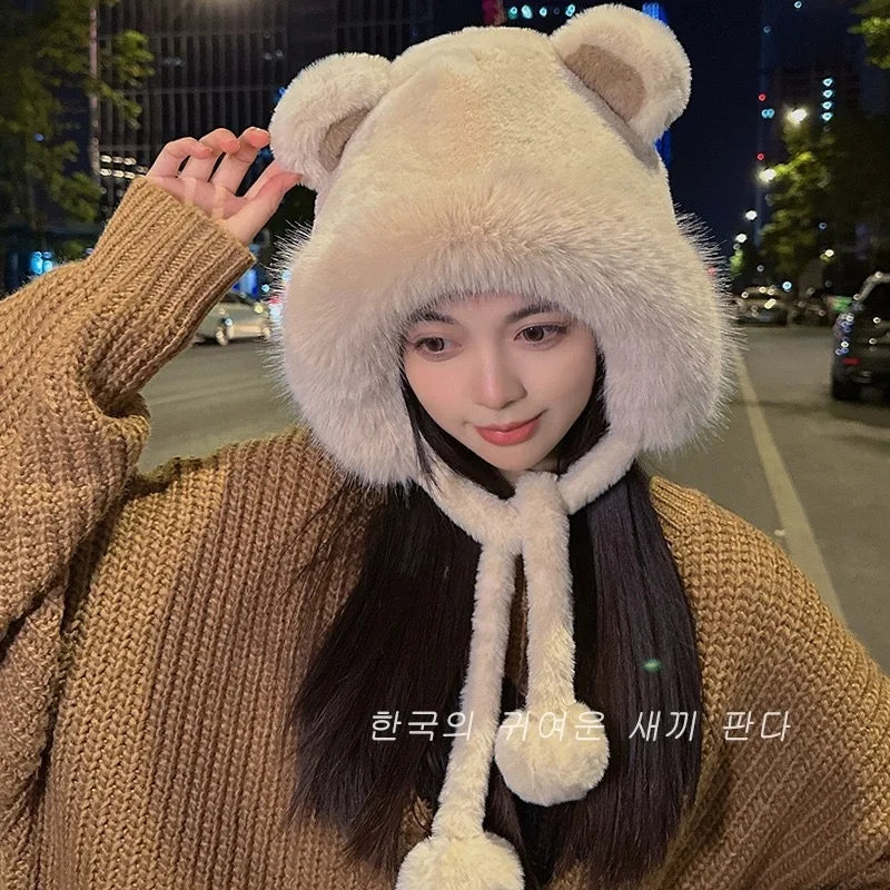 Cute Beanies Bear Ear Hat,Adorable Warm Plush Ear Protector Cap,Polyester Casual Elegant Knitted Head Caps for Autumn and Winter
