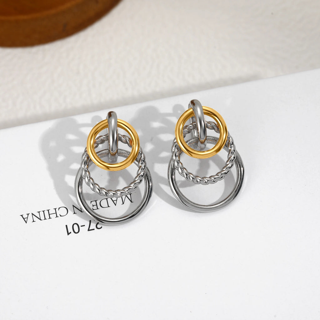Fashionable Exaggerated Twisted Striped Earrings for Women 18K Metal Three Circular Stainless Steel Charming Jewelry Gift