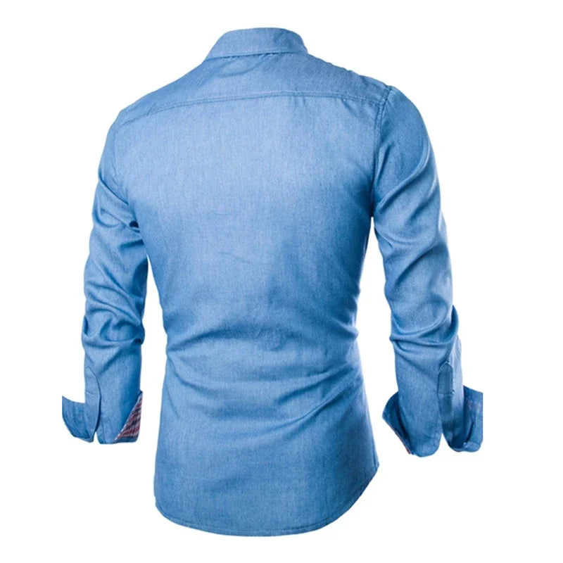 Mens Denim Shirts 2025 Long Sleeve Men Dress Shirt Fashion Slim Fit Style Navy Blue Jeans Male Shirt Longsleeve Shirt for Men