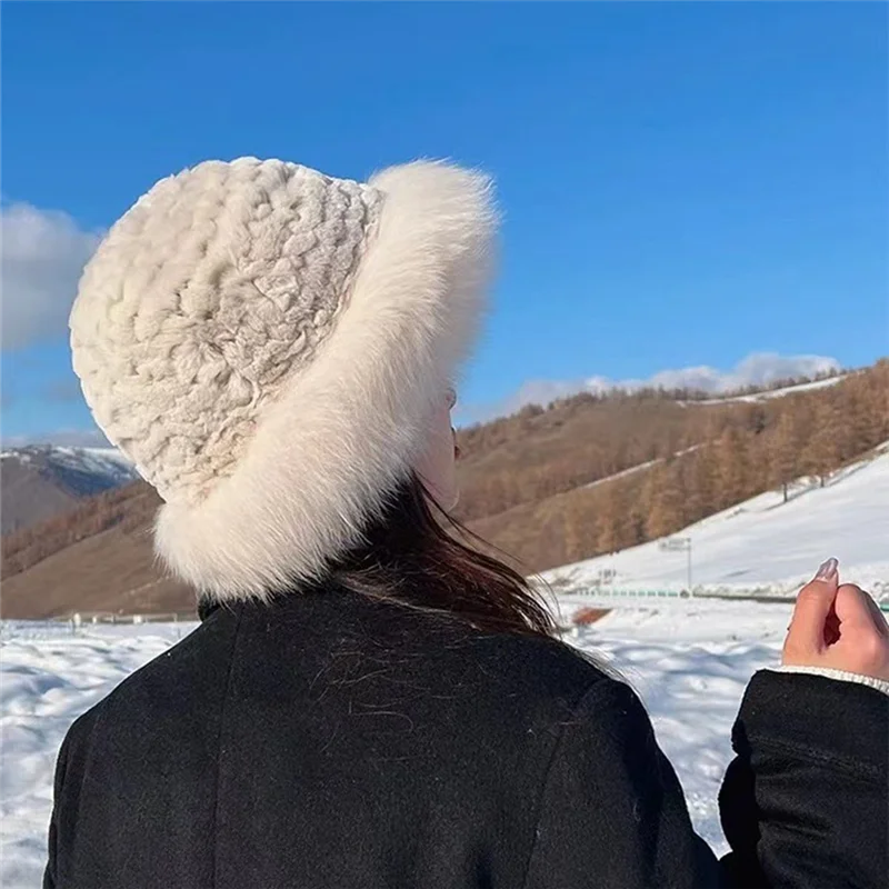 HOES-Women's Bucket Hat Plush Protection From Cold Fashionable Winter Hat For Women Winter Cap -Black