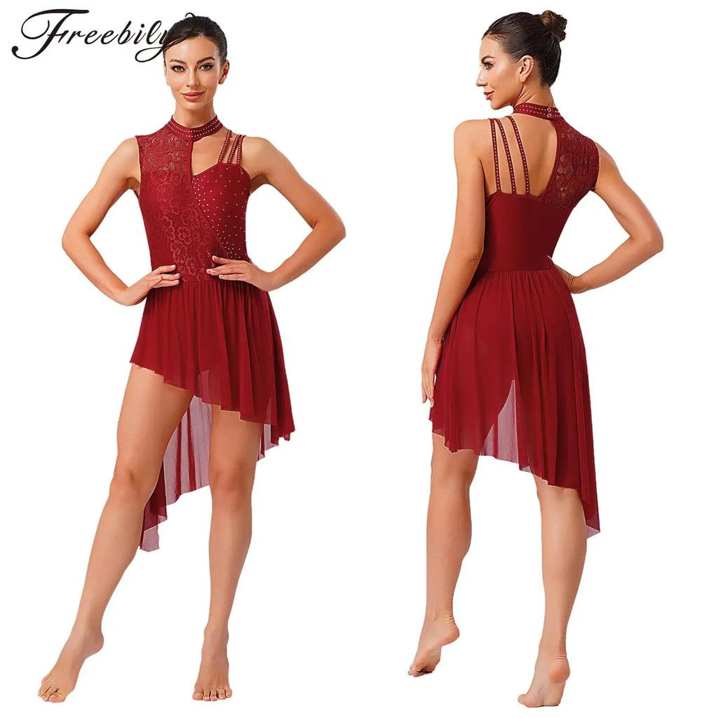 Women Modern Lyrical Dance Performance Costume Floral Lace Rhinestones Leotard Dress for Waltz Latin Cha-cha Ballet Skating
