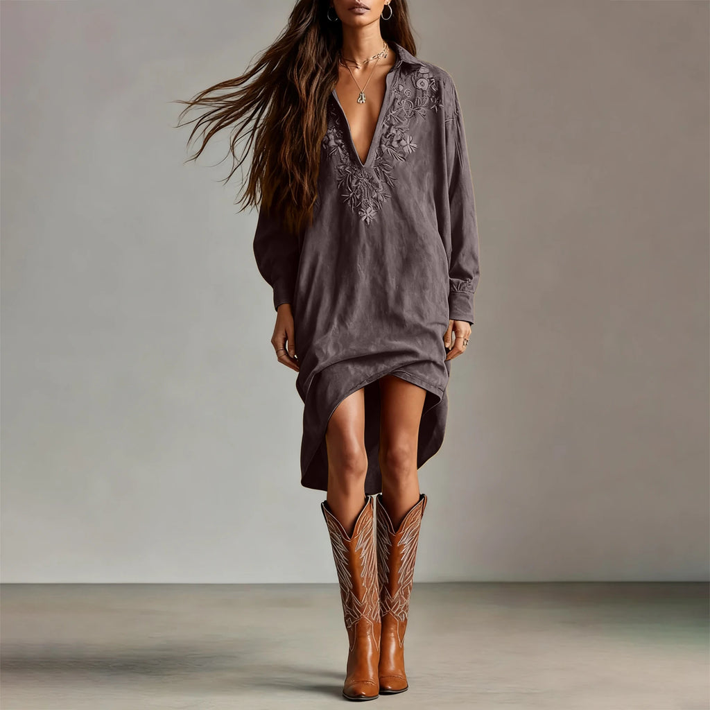 Dresses Womens Shirt Dress Terracotta Suede Embroidered High-Low Puff-Sleeve Bohemian Stylish Outfit Daily 2026 Trendy Vestido
