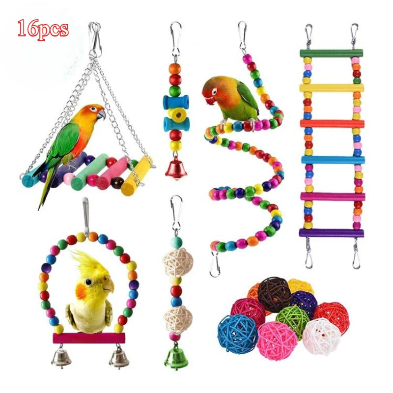 Bird Toy Wood Parrot Toys Set Cage Bird Accessories Swing Suspension Bridge Ball Cage Bells Pet Supplies juguetes para pájaros