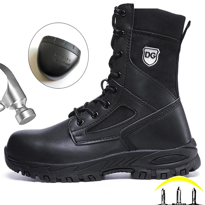 Black High top leather boots Men Indestructible shoes Anti-smash Anti puncture Work Boots Safety Shoes Men Boots Protection Shoe