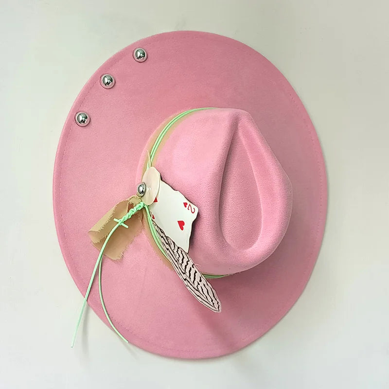 New fedora hats for women Feather Fedoras Hand-painted hat Jazz 9.5 cm wide brim top hats party 2024 sombrero british cup hat