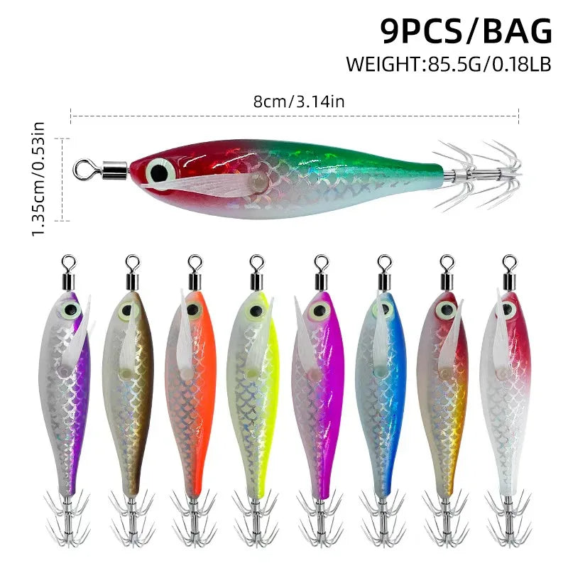 9pcs/page Glow Squid Jig Hook Saltwater Fishing Bait Artificial Egg Wood Shrimp Lures Sea Fishing Octopus Cuttlefish Squid Lure