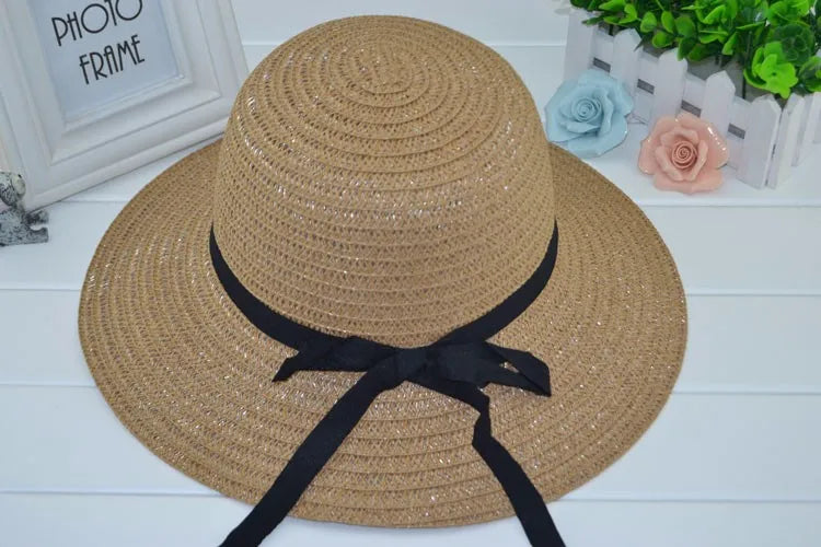 Straw Hat Summer Hats for Women Chapeau Femme for Beach Solid Beige Khaki with Bowknot