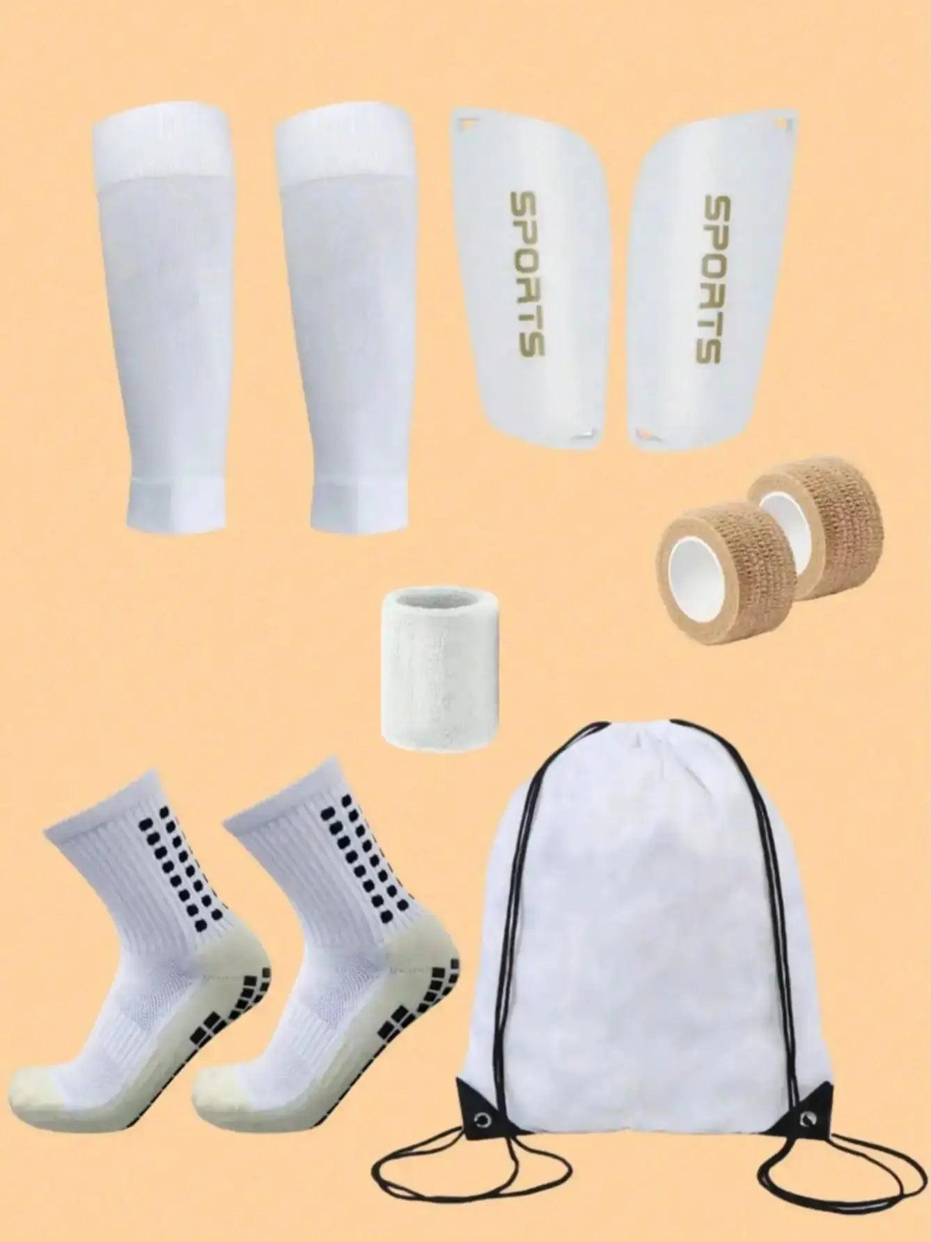 6-Piece Soccer Gear Set - Includes Grip Socks, Shin Guards, Protective Gear & Drawstring Bag with Fastening Straps & Sports Tape