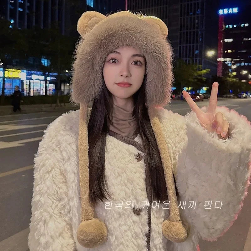 Cute Beanies Bear Ear Hat,Adorable Warm Plush Ear Protector Cap,Polyester Casual Elegant Knitted Head Caps for Autumn and Winter