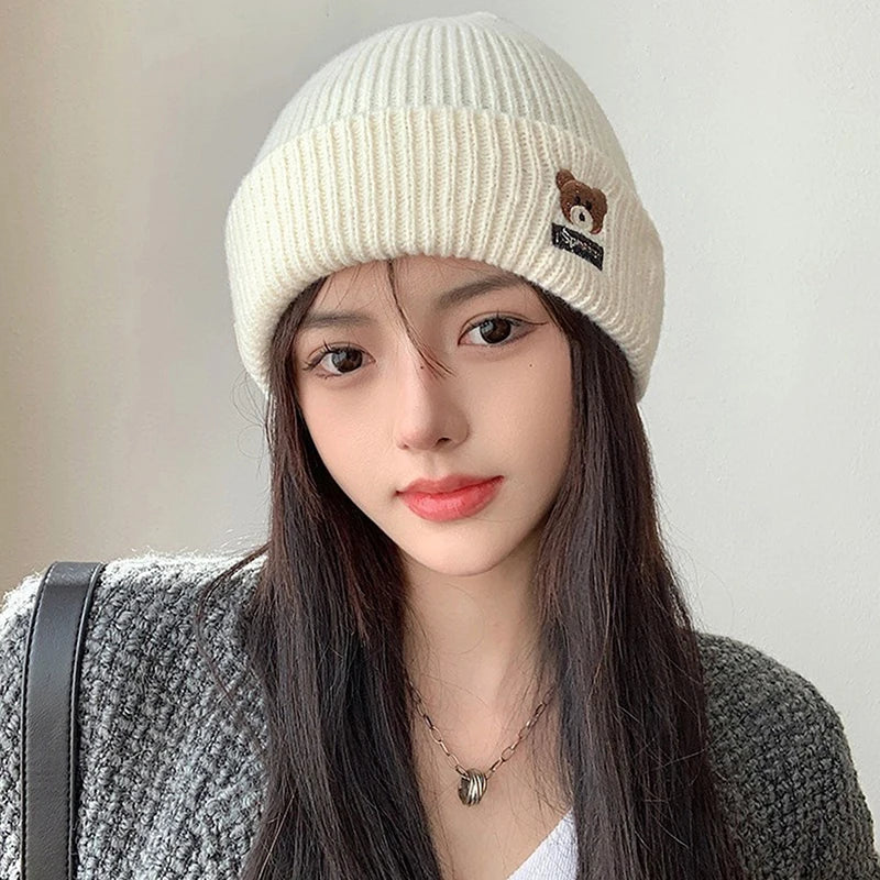 Bear Embroidery Knitted Beanies  Women Autumn Winter Warm Wool Hat Korean Girl Windproof Earmuffs Pullover Cap Bonnet〔CC55〕
