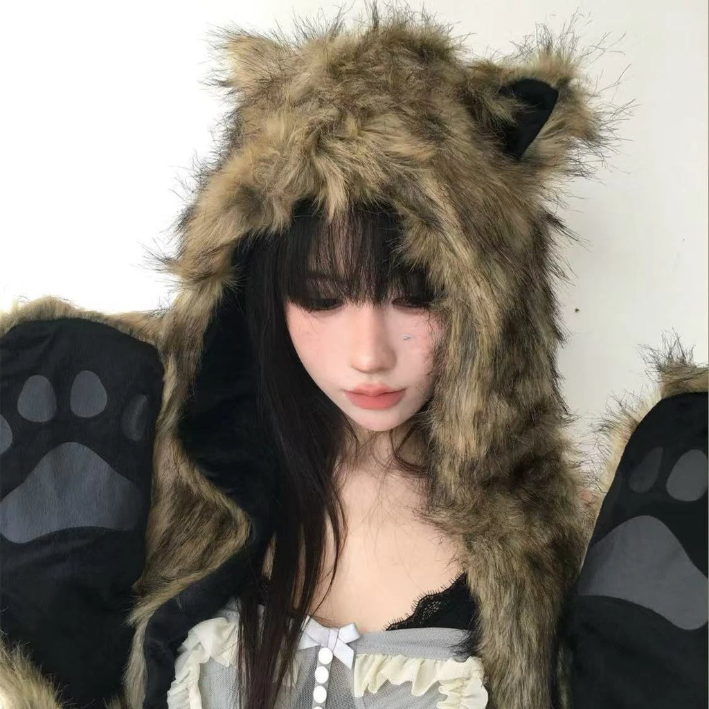 Japanese Kawaii Cute Fur Scarf Hat Winter Keep Warm Y2k Aesthetic Fashion Vintage Cap Bears Ears Women Hats Grunge Streetwear