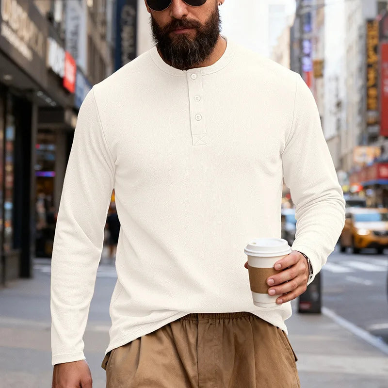 2025 NEW Men's Long Sleeve Henley Shirts Spring Autumn Daily Casual Solid Color Pullover Tops Mens Fashion T Shirt