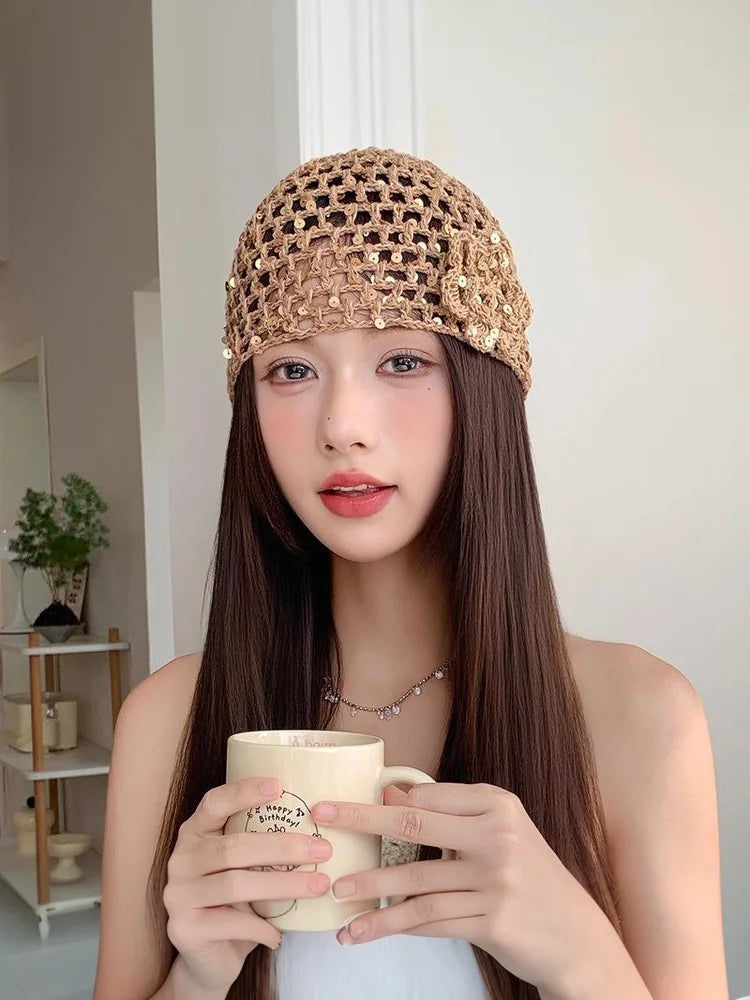 Vintage Chic Sequined Floral Cutout Beanie Ladies Spring Fall Leisure Travel Picturesque All-Around Casual Y2K Knit Beanies