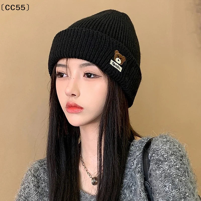 Bear Embroidery Knitted Beanies  Women Autumn Winter Warm Wool Hat Korean Girl Windproof Earmuffs Pullover Cap Bonnet〔CC55〕