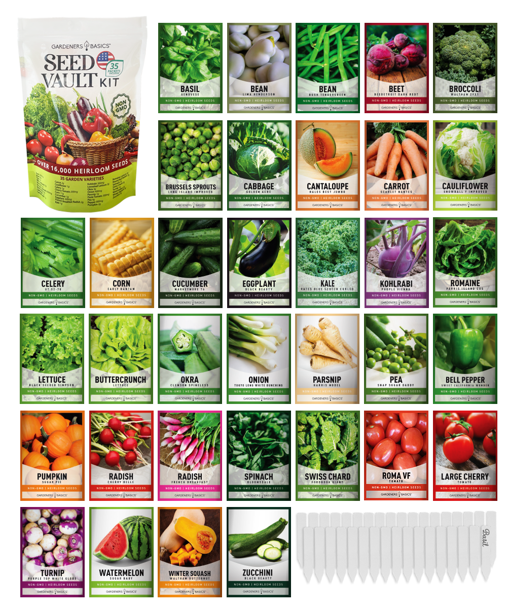 Vegetable Seed Vault Kit – 35 Heirloom Non-GMO Vegetable Seeds for Gardening & Survival Food Storage