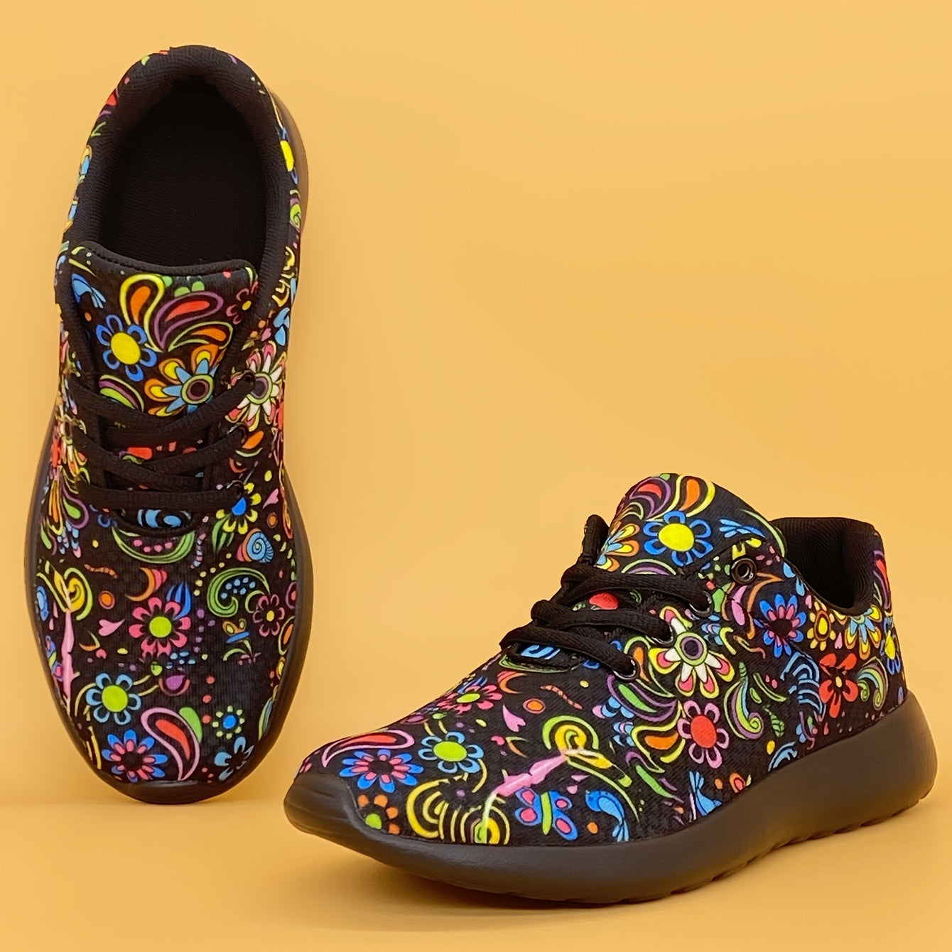 Women's Mexican Flower Pattern Lightweight Sneakers - Lace-Up Running Shoes