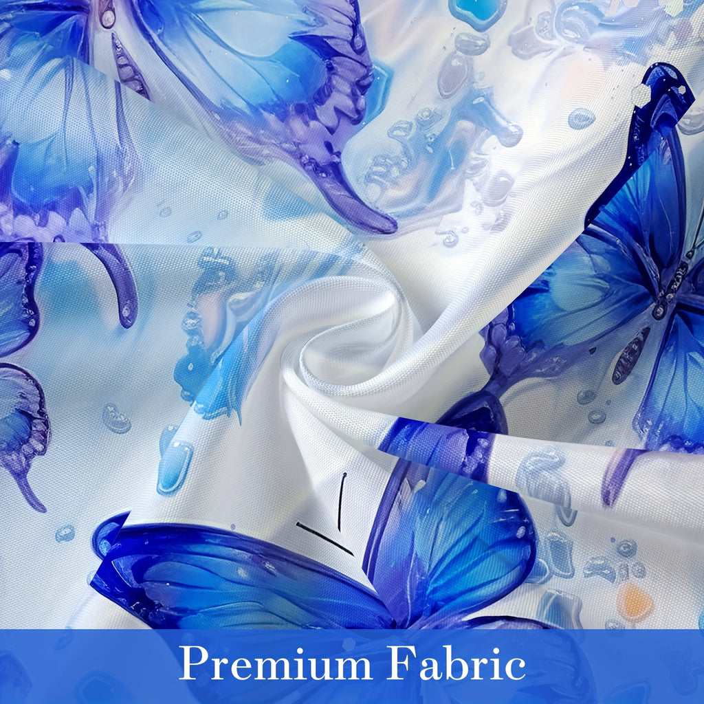 4 Pcs Blue Floral Butterfly Bathroom Sets With Shower Curtain And Rugs, Spring Shower Curtain Sets With Rugs For Modern Bathroom Decor, Sparkling Bathroom Sets With Rugs And Accessories
