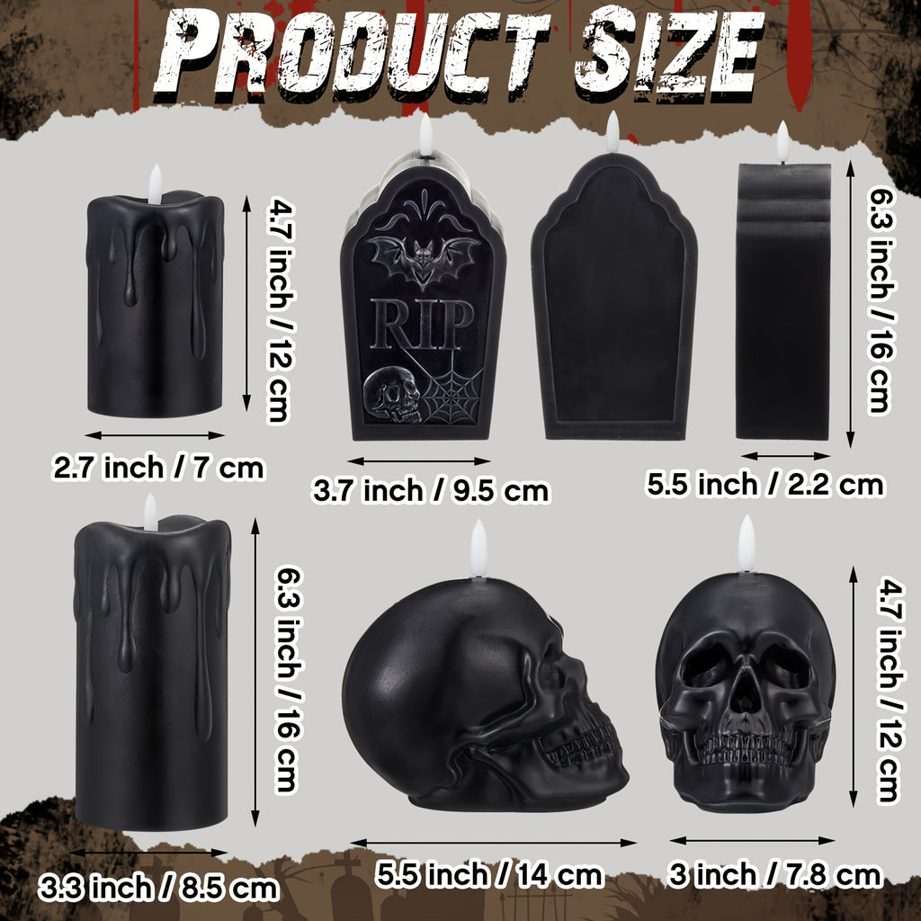 4 Set Black Wax Flameless Halloween Tombstone Rip Skull Pillar Real Wax Dripping Black Flame Gothic Candles For Halloween Party Home Decor