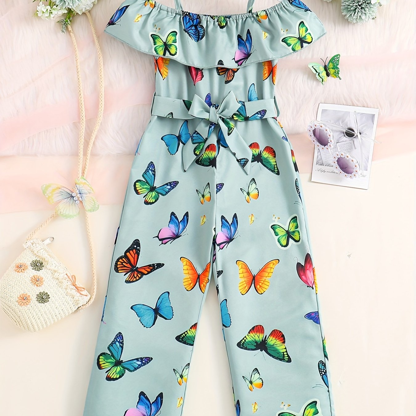 Trendy Girls' Butterfly Romper with Ruffles and Belt - Perfect for Summer!