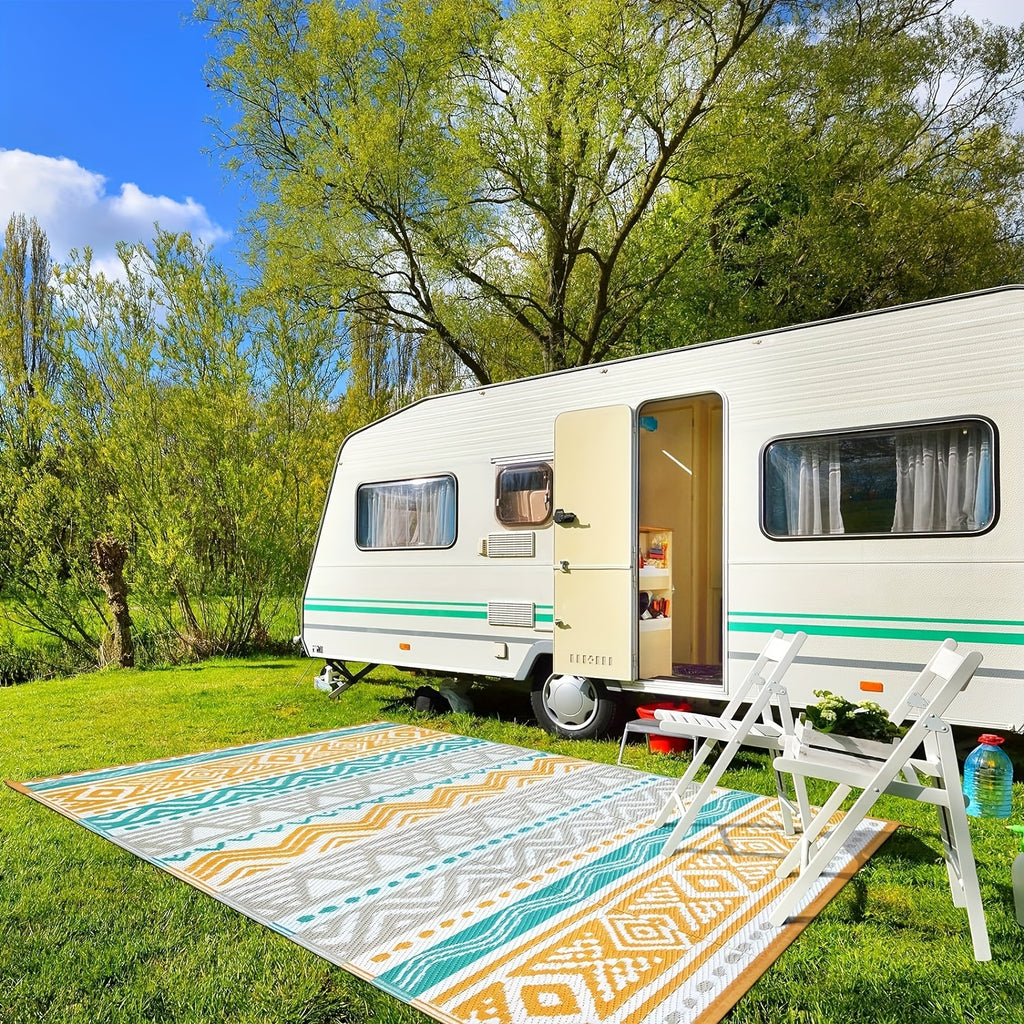Lahome Reversible Outdoor Mat - Large 23ft² Durable Polypropylene Mat with Geometric Zigzag Pattern, Hand Wash Only for Patio, RV Camping, Beach, Deck, Backyard & Balcony, Outdoor Seating Mat | Geometric Pattern Mat | Easycl
