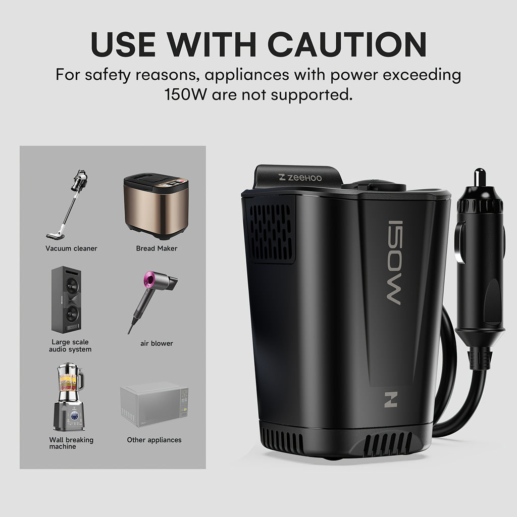 150W Car Power Inverter with 12V DC to 110V AC Car Plug Adapter Outlet Converter, 2 AC Outlets, 18W USB A, Dual 30W PD Car Charger - Heavy-Duty Black Vehicle Automotive