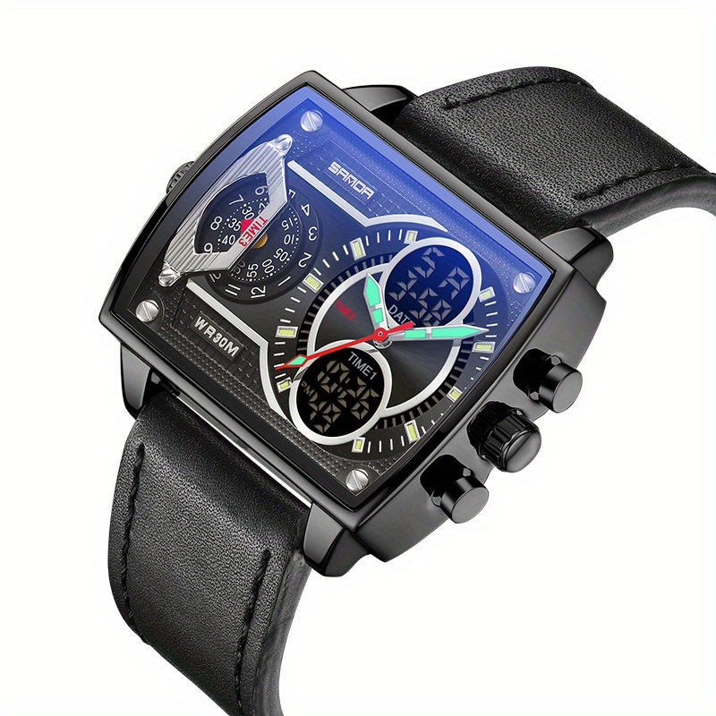Large Dial Multi Time Zone Men's Watch, Square Dual Display Multifunctional Sports Watch with Dual Time Zone, Date, Alarm, and Stopwatch Functions