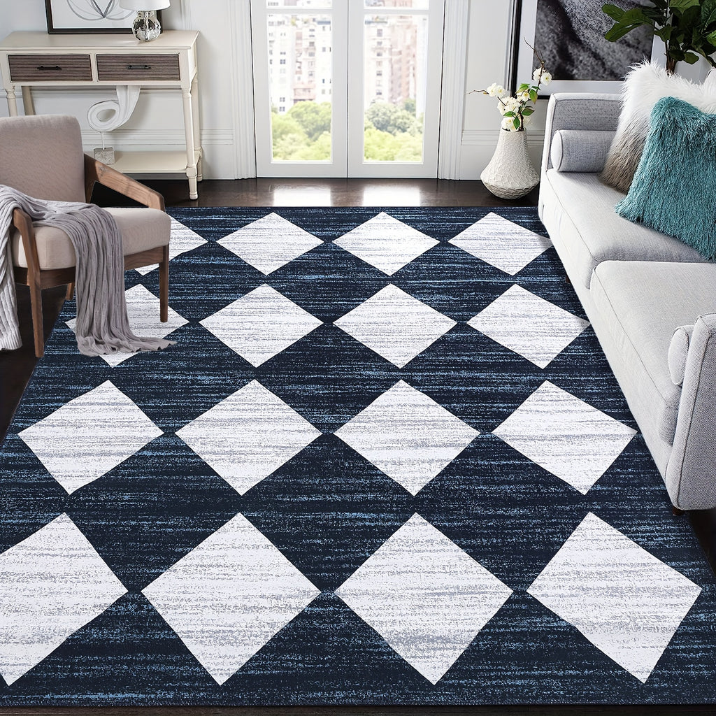 1 pc Geometric Living Room Rugs Modern Trellis Carpet Washable Rugs Distressed Bedroom Rug Large Area Rug Moroccan Office Rug Meline Checkered Rug, Dark Blue