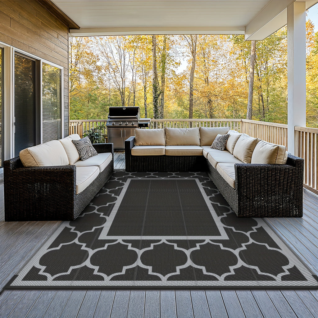 Outdoor Rug Patio Waterproof, Reversible Plastic Straw Area Rugs Mat For Camper Decor, Outside Carpet For Camping, Rv, Deck, Porch, Picnic, Beach, Balcony, Black & Grey
