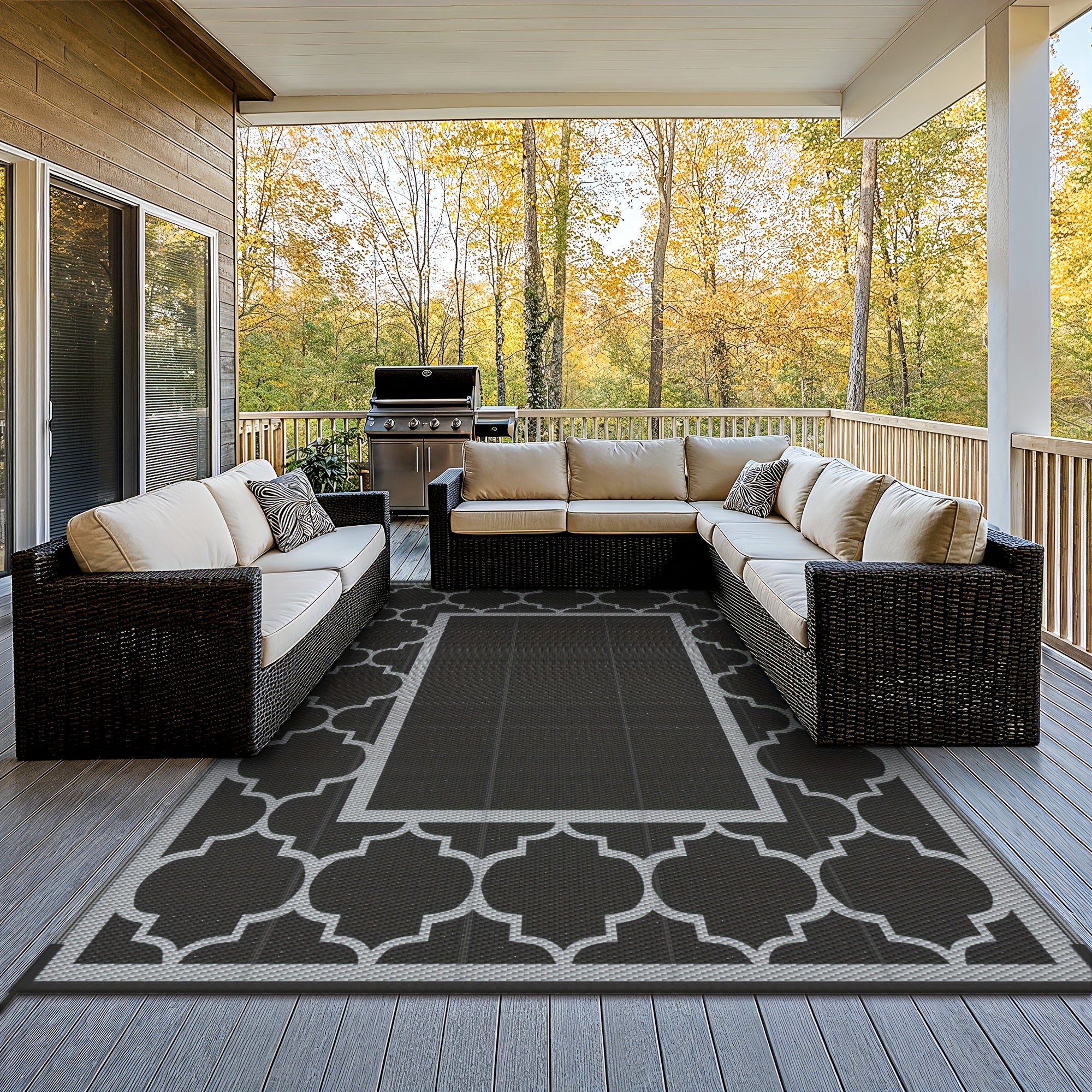 Outdoor Rug Patio Waterproof, Reversible Plastic Straw Area Rugs Mat For Camper Decor, Outside Carpet For Camping, Rv, Deck, Porch, Picnic, Beach, Balcony, Black & Grey