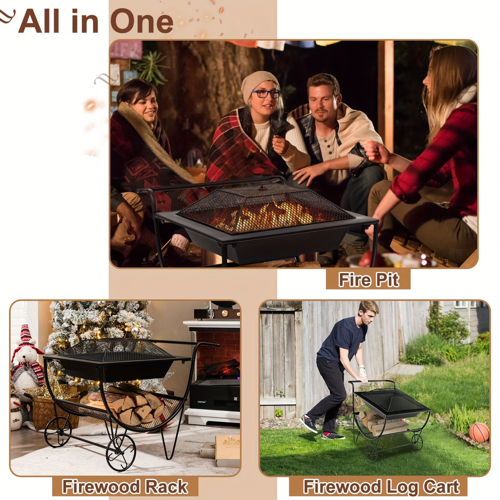 1pc Deluxe Outdoor Wood Burning Fire Pit - Steel Patio Stove with Log Storage Rack and Wheels for Easy Mobility - Perfect for Yard, Garden, and Backyard Gatherings - Durable Construction and Versatile Design
