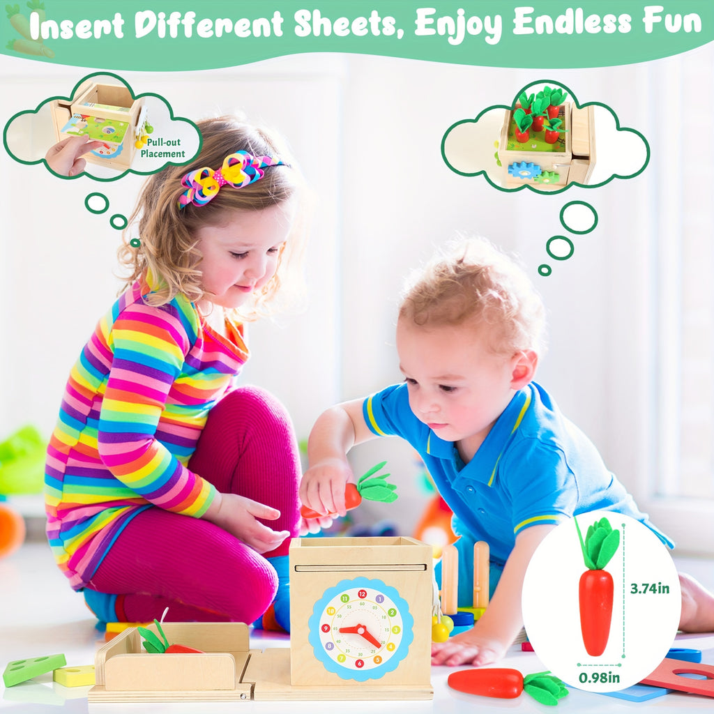 Wooden Baby Toys, 8-in-1 Wooden Play Kit Includes Object Permanent Box, Coin Box, Carrot Harvest, Shape Sorting & Stacking - Christmas Birthday Gift for Boys Girls Toddlers