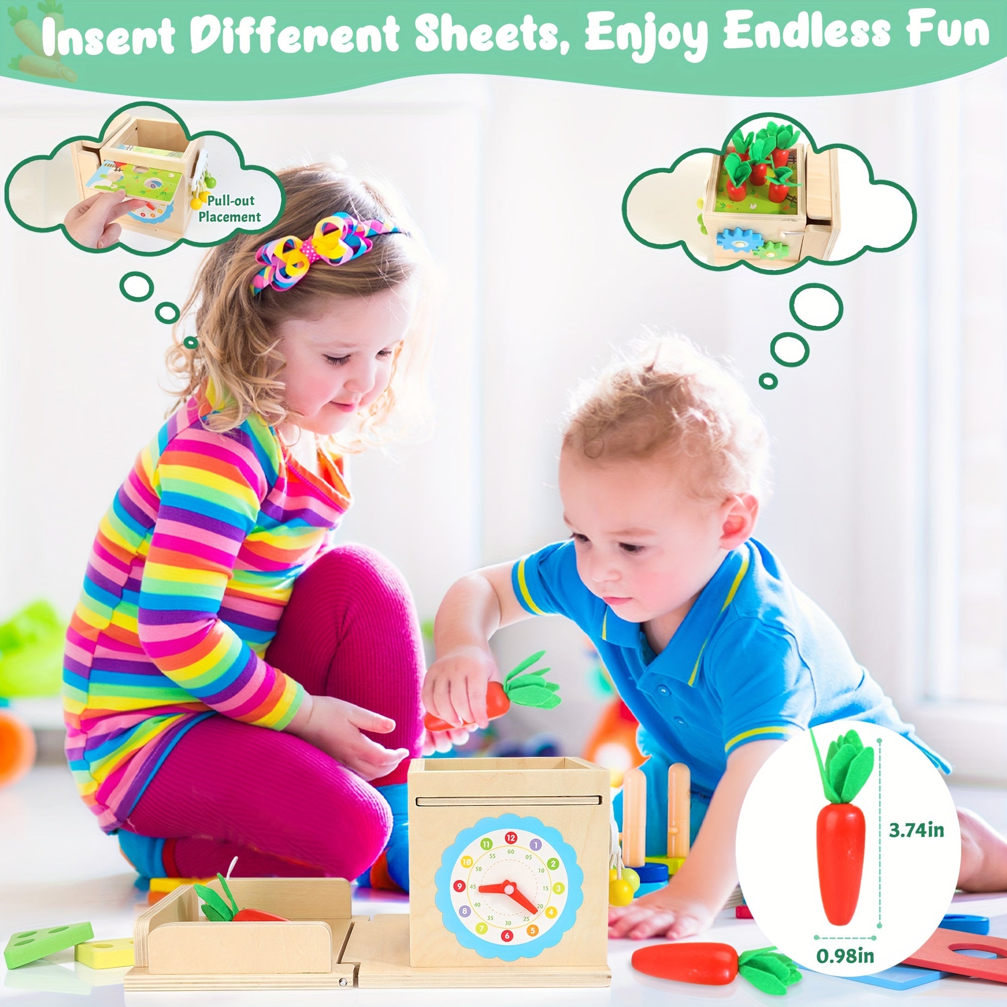 Wooden Baby Toys, 8-in-1 Wooden Play Kit Includes Object Permanent Box, Coin Box, Carrot Harvest, Shape Sorting & Stacking - Christmas Birthday Gift for Boys Girls Toddlers