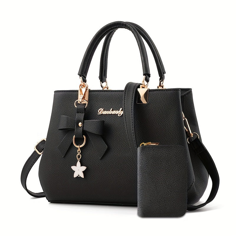 Chic Bow Decor Handbag for Women with Coin Purse, Adjustable Strap,