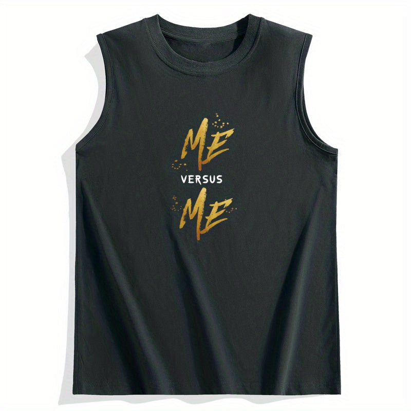 ME VERSUS ME' Round Neck Cotton Graphic Vest, Casual Sports Sleeveless Tank Tops, Men's Summer Clothing