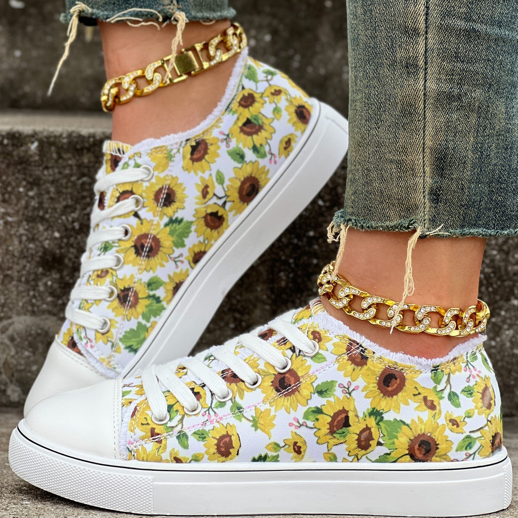 Womens Sunflower Canvas Shoes - Vibrant Print, Comfortable Casual Lace-Up Design - Perfect for Outdoor Walking Adventures, Ultra-Lightweight & Low Top