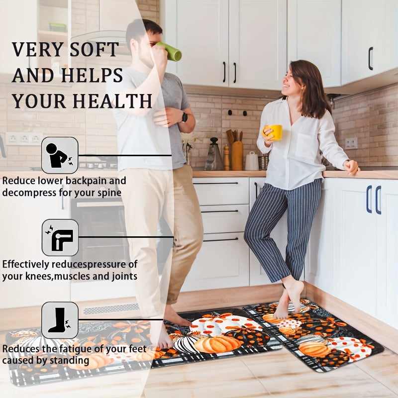 Thanksgiving Pumpkin Kitchen Mat Set (2/3pcs) - Autumn Farmhouse Decor, Anti-Fatigue & Non-Slip Flannel Rugs for Sink, Bedroom, Living Room, Dining Area - Easy Clean, Stain-Resistant